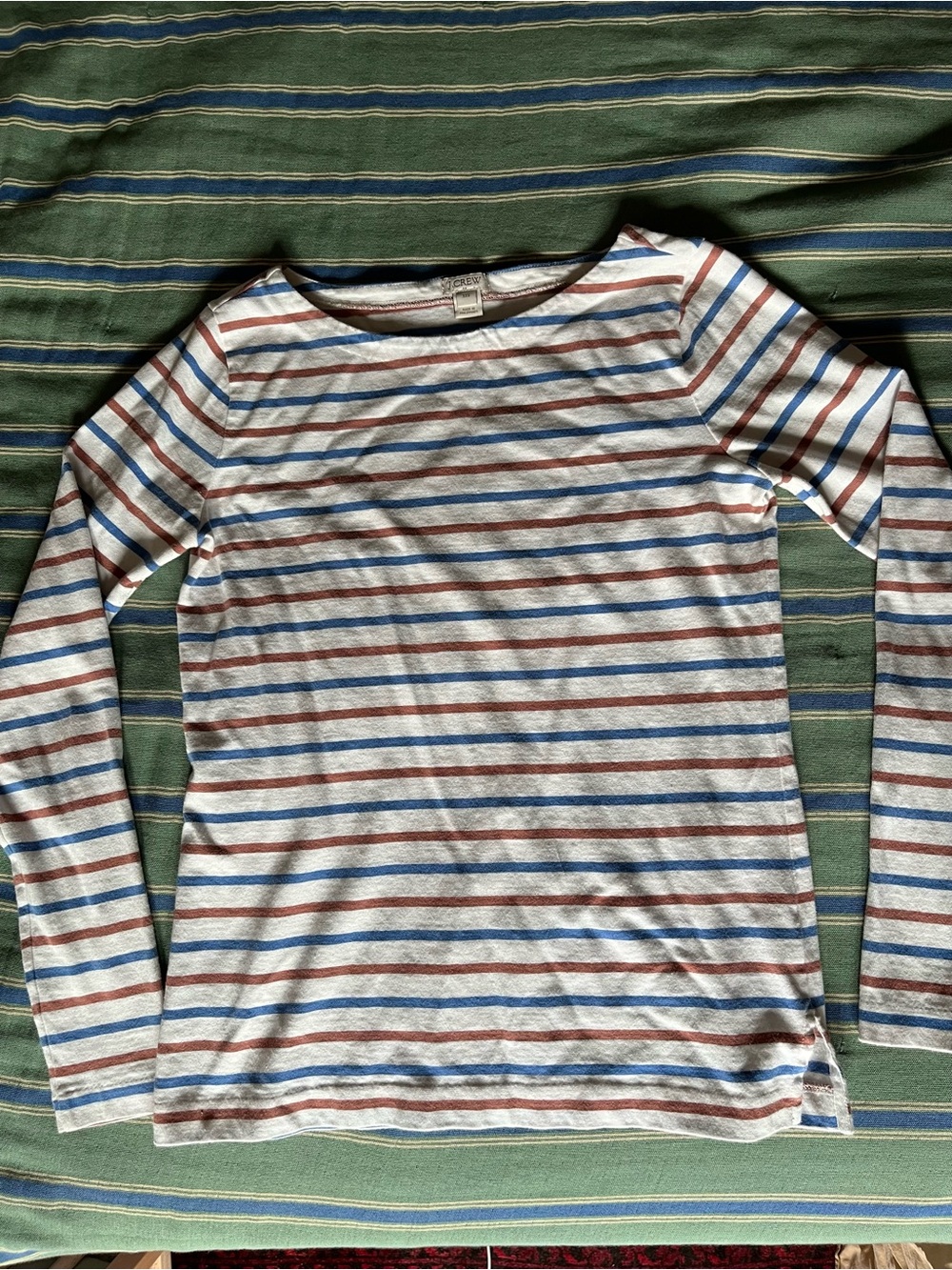 J. Crew Women’s Long-Sleeve Striped Tee in White with Blue & Brown Stripes